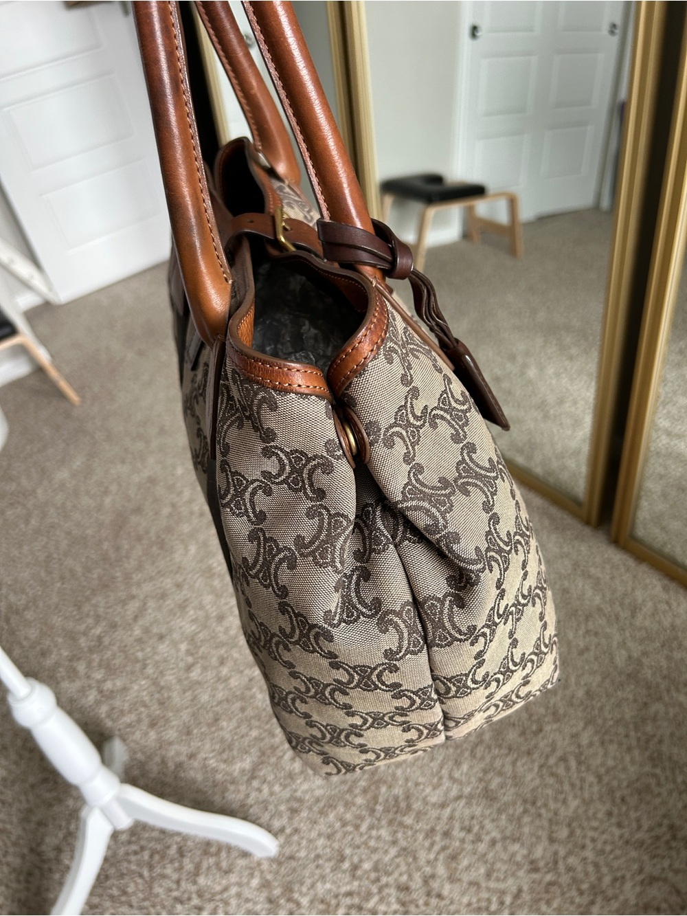 CELINE Triomphe Canvas and Leather Shoulder Satchel Handbag Brown - Picture 4 of 16